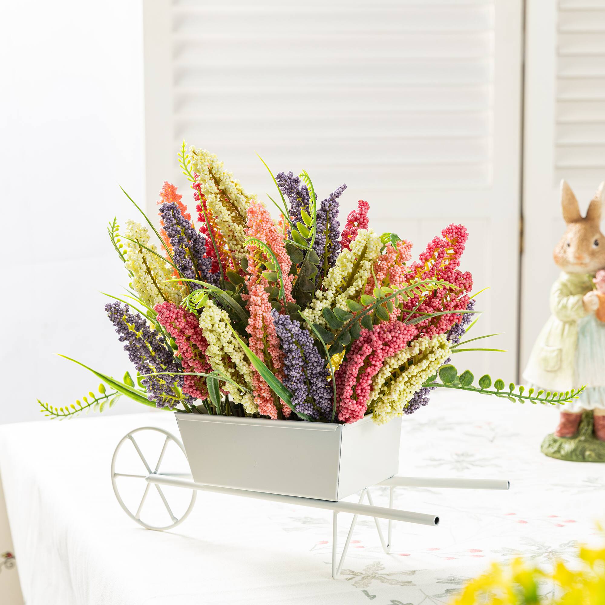Glitzhome® 11" Pink, Purple & Yellow Mixed Heather Cart Centerpiece